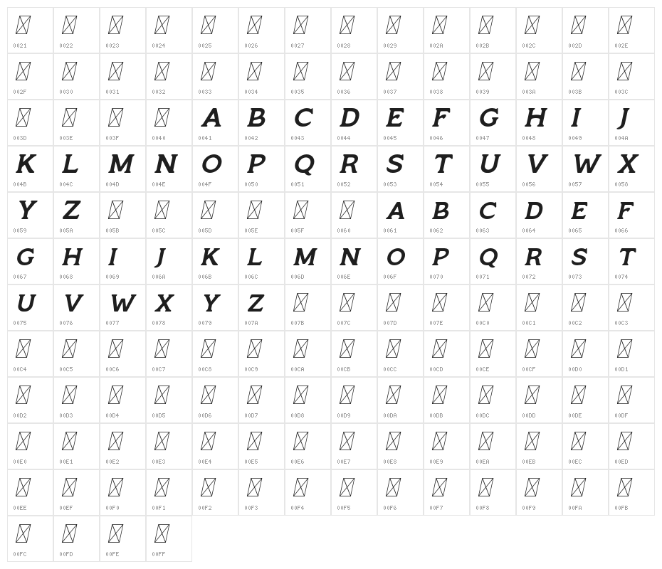 MonsierFree-Italic Character Map