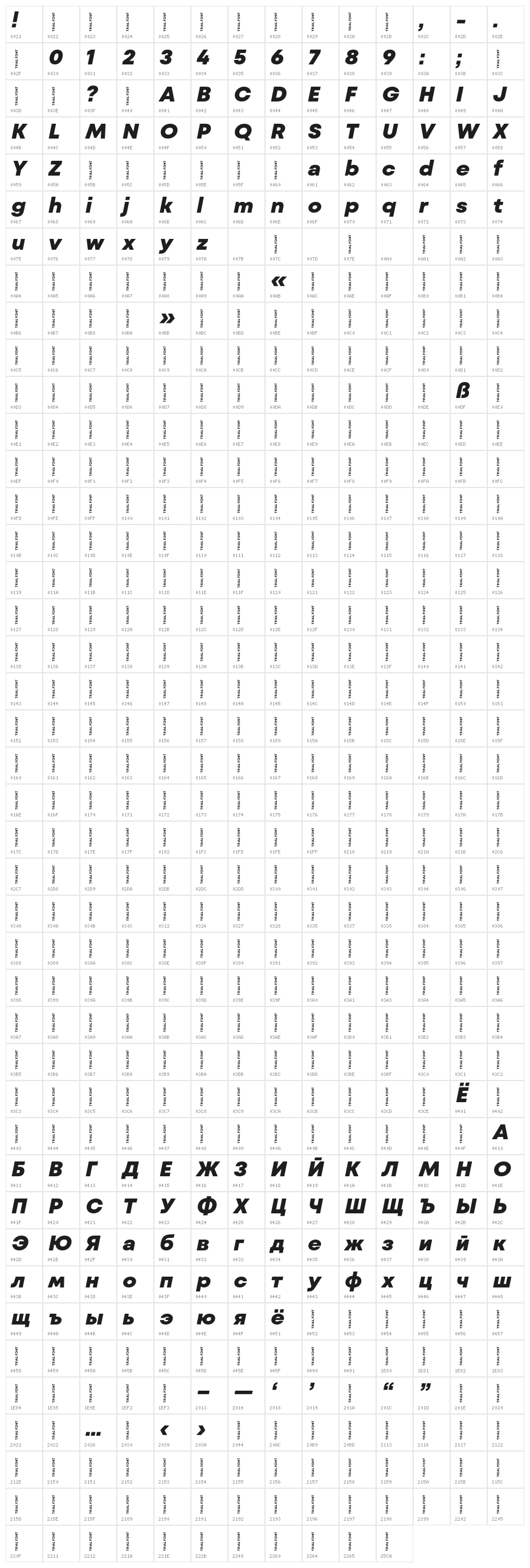 Mont Blanc-Trial ExtraBold Italic Character Map