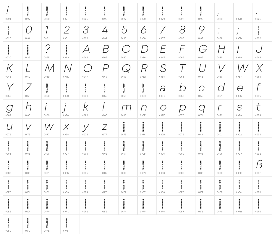 Mont Blanc-Trial ExtraLight Italic Character Map