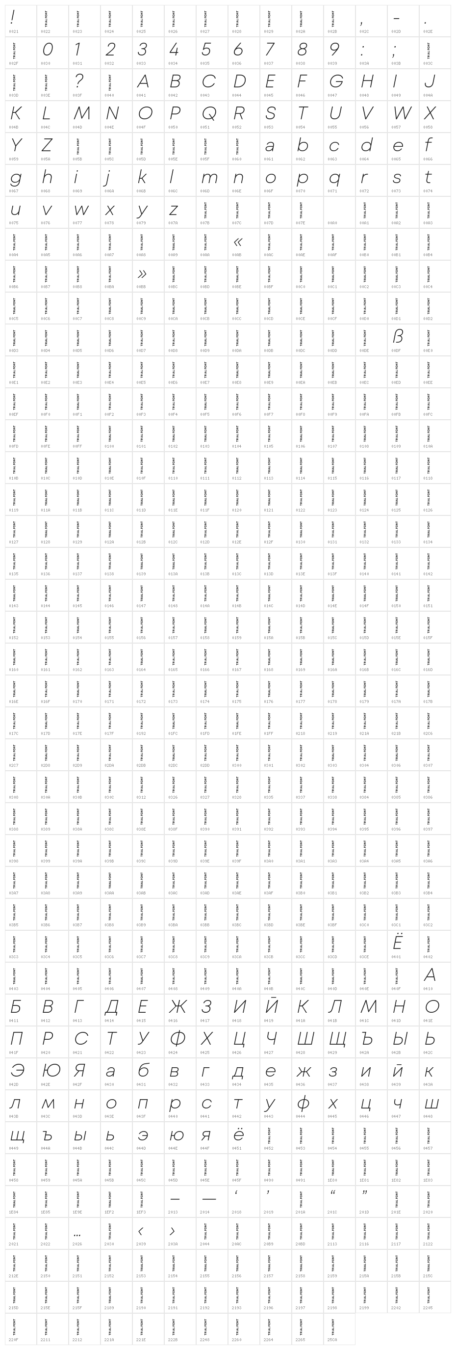 Mont Blanc-Trial ExtraLight Italic Character Map