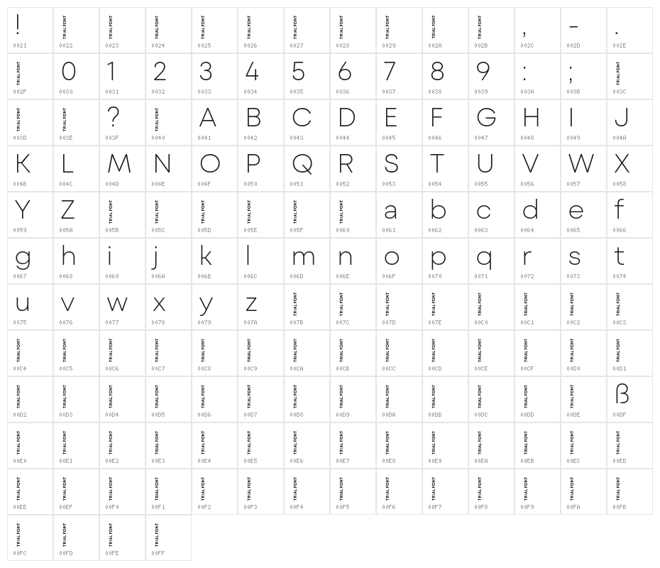 Mont Blanc-Trial ExtraLight Character Map