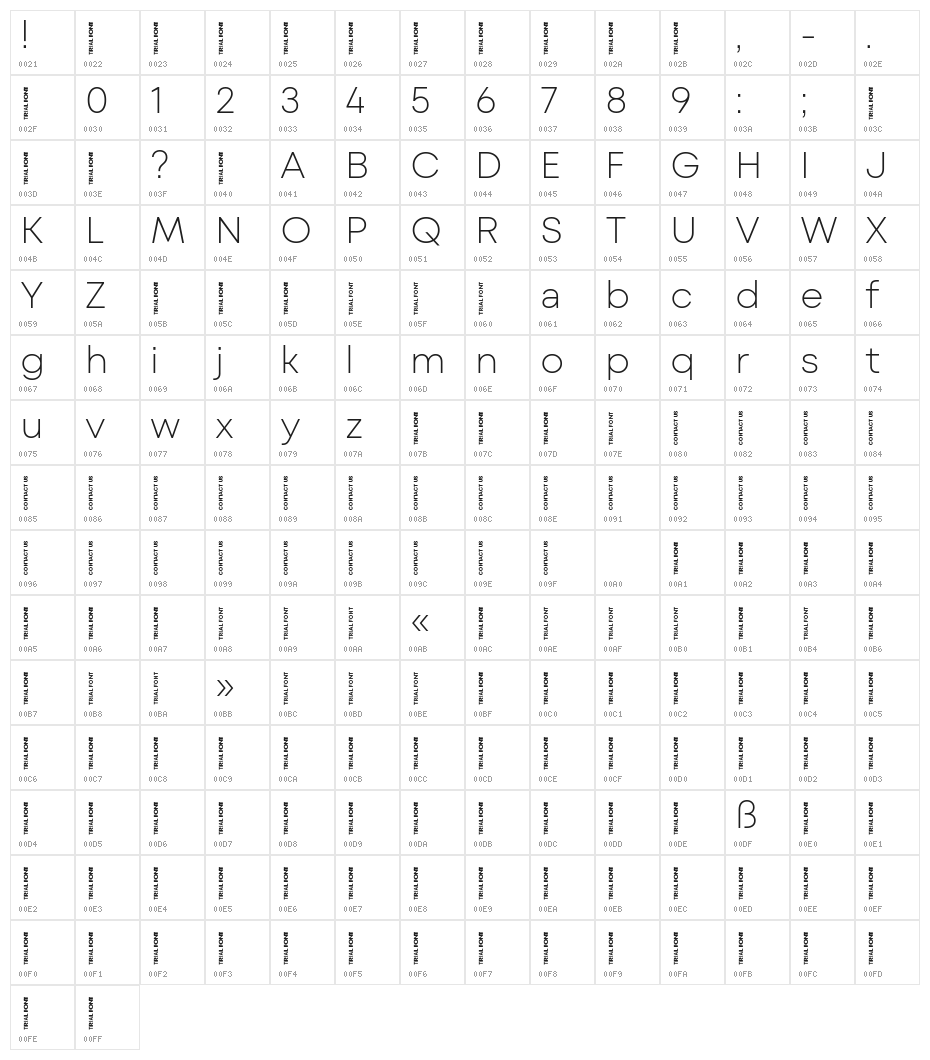 Mont Blanc-Trial ExtraLight Character Map