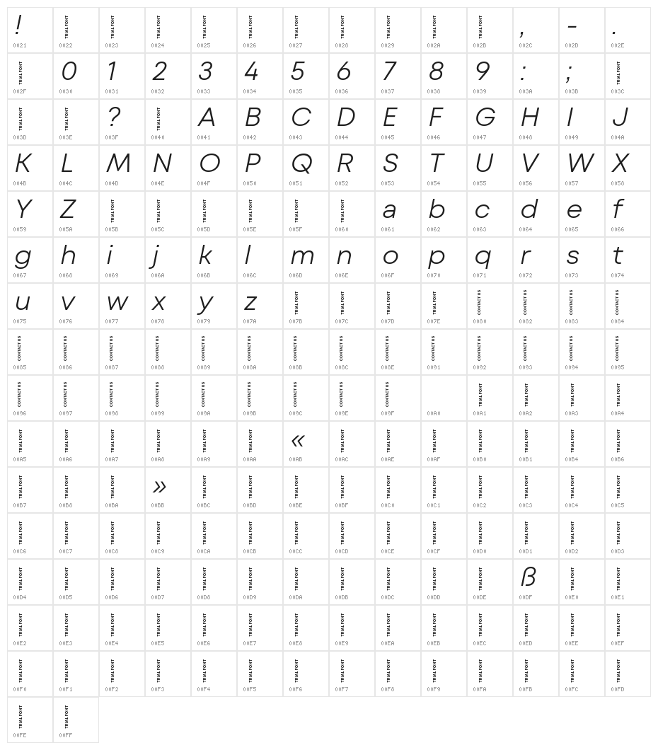 Mont Blanc-Trial Light Italic Character Map
