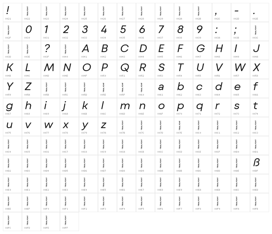 Mont Blanc-Trial Regular Italic Character Map