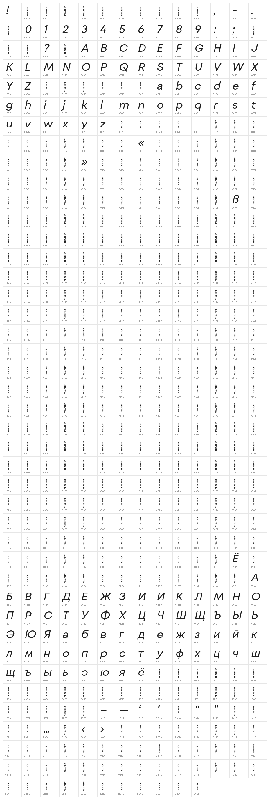 Mont Blanc-Trial Regular Italic Character Map