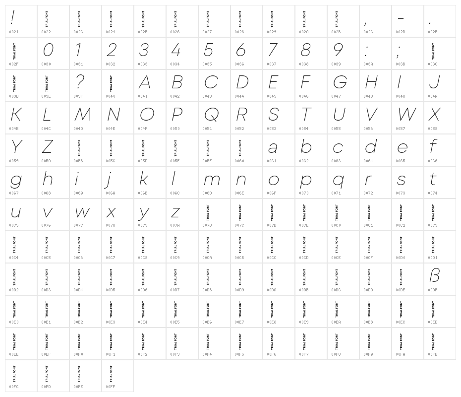 Mont Blanc-Trial Thin Italic Character Map