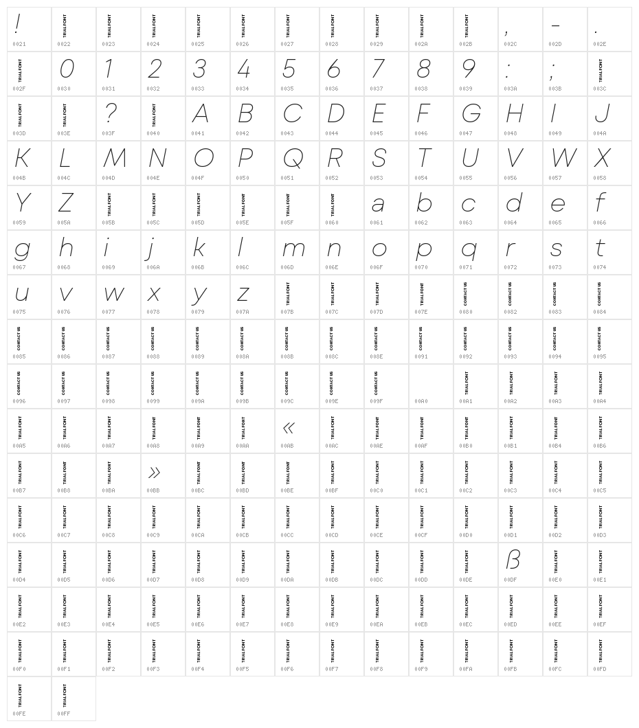 Mont Blanc-Trial Thin Italic Character Map