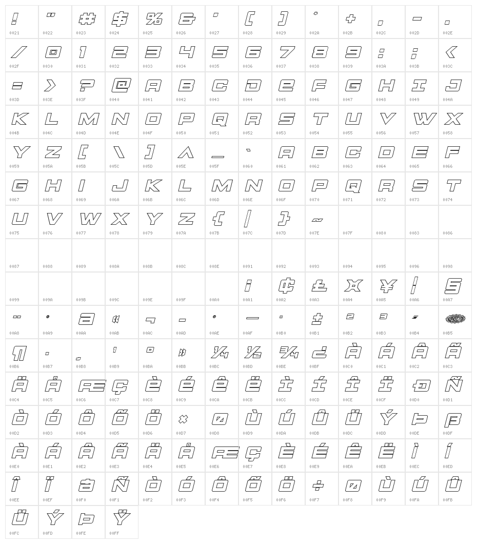 Montroc Outline Italic Character Map