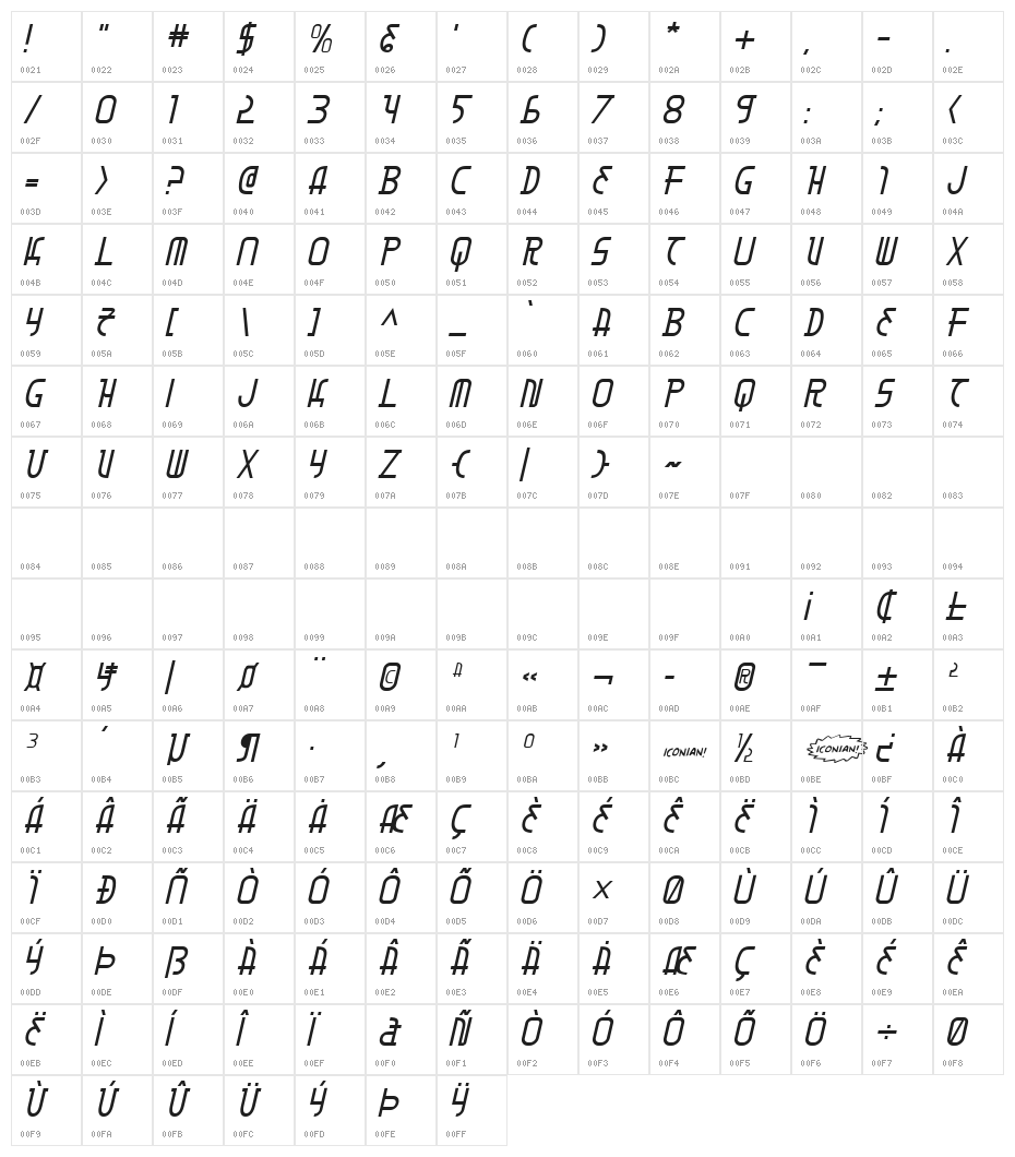 Moon Dart Italic Character Map
