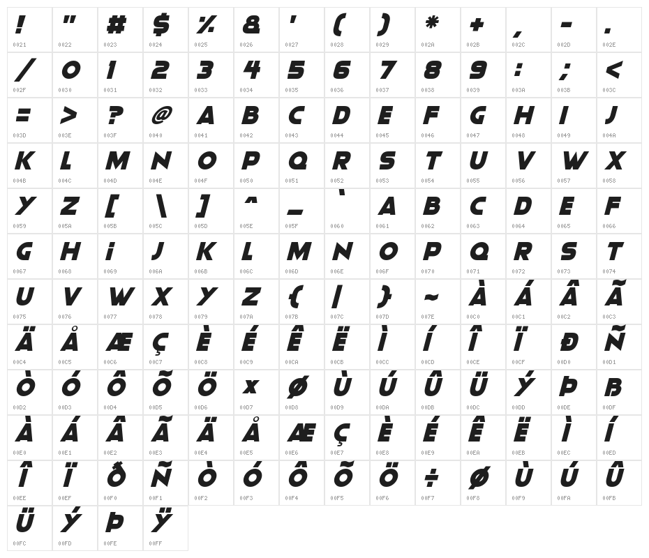 Moonlightning Italic Character Map