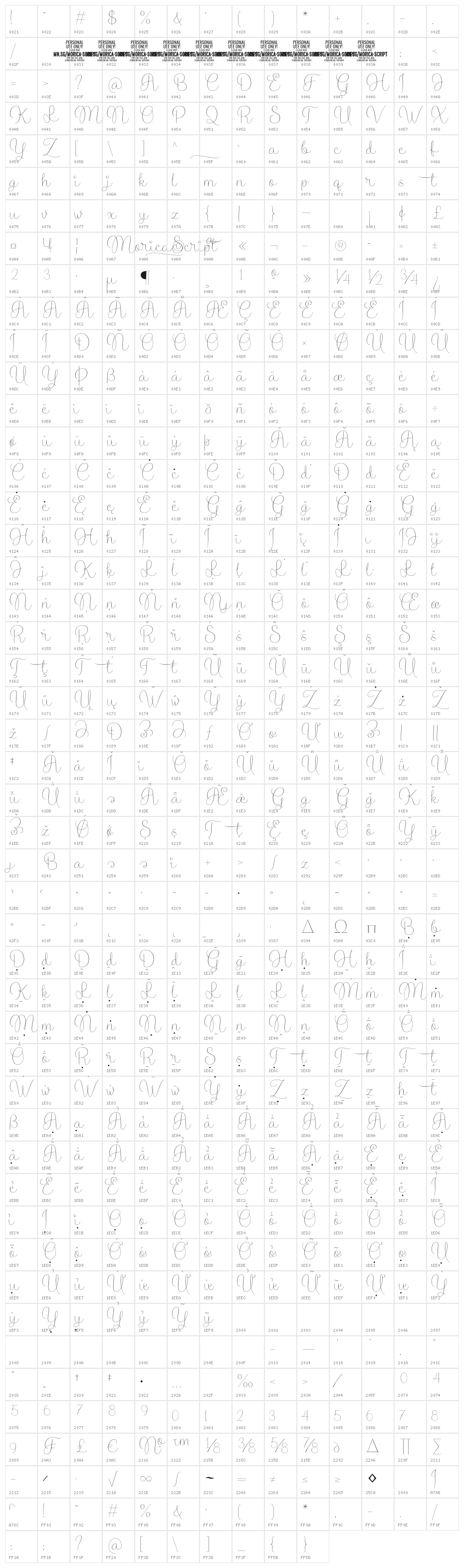 Morica Script PERSONAL USE Regular Character Map