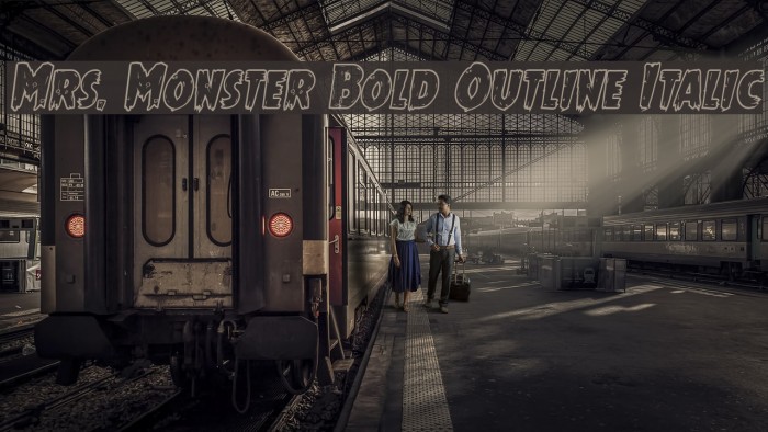 Mrs. Monster Bold Outline Italic Font examples