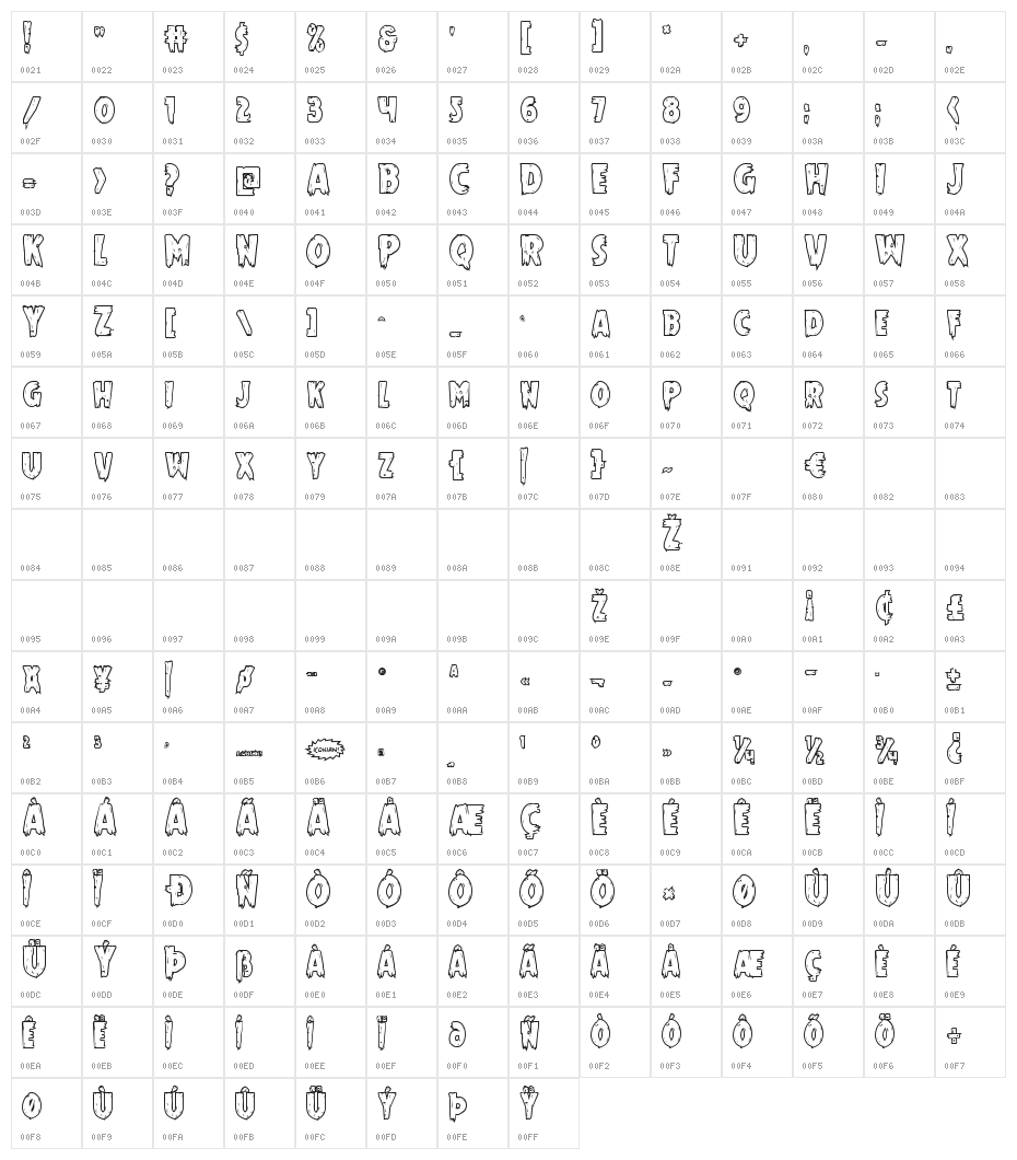 Mrs. Monster Bold Outline Character Map
