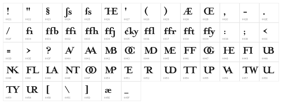 MrsEavesJustLig-Bold Character Map