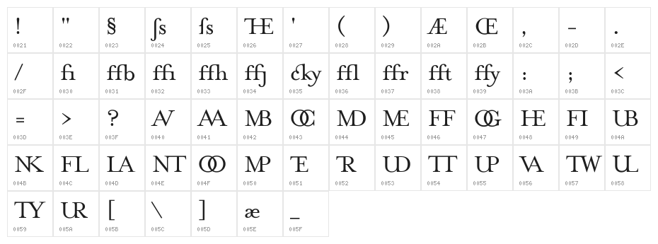 MrsEavesJustLigRoman Character Map
