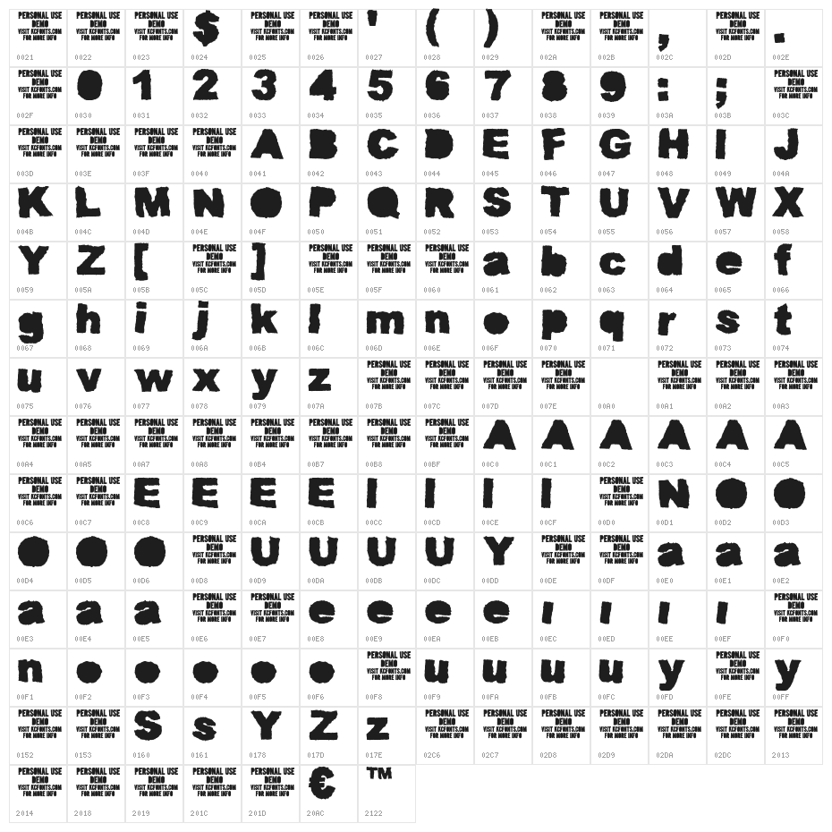 Muddy Tractor Bold Character Map