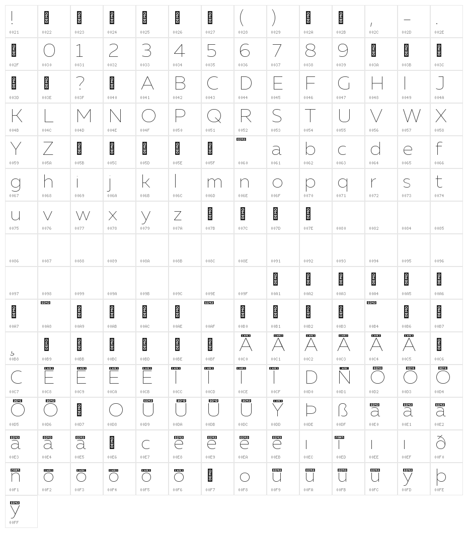 Muller Thin DEMO Character Map