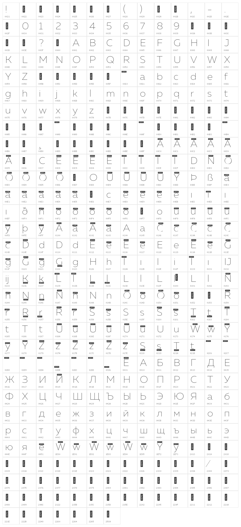 MullerThinDEMO Character Map