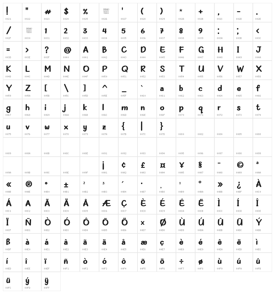 My Olivin Bold Character Map