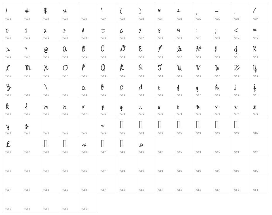 MyCursiveFont Character Map
