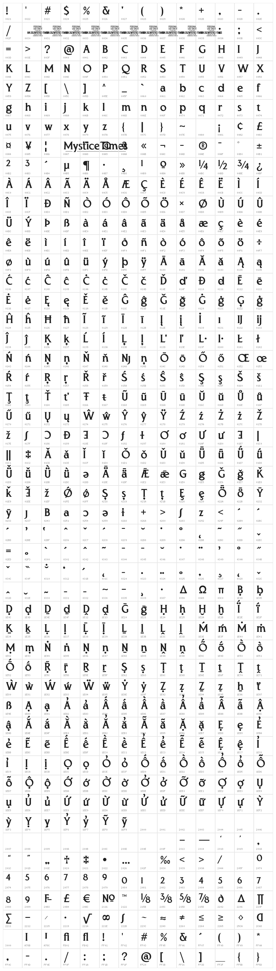 Mystice Times PERSONAL USE Regular Character Map