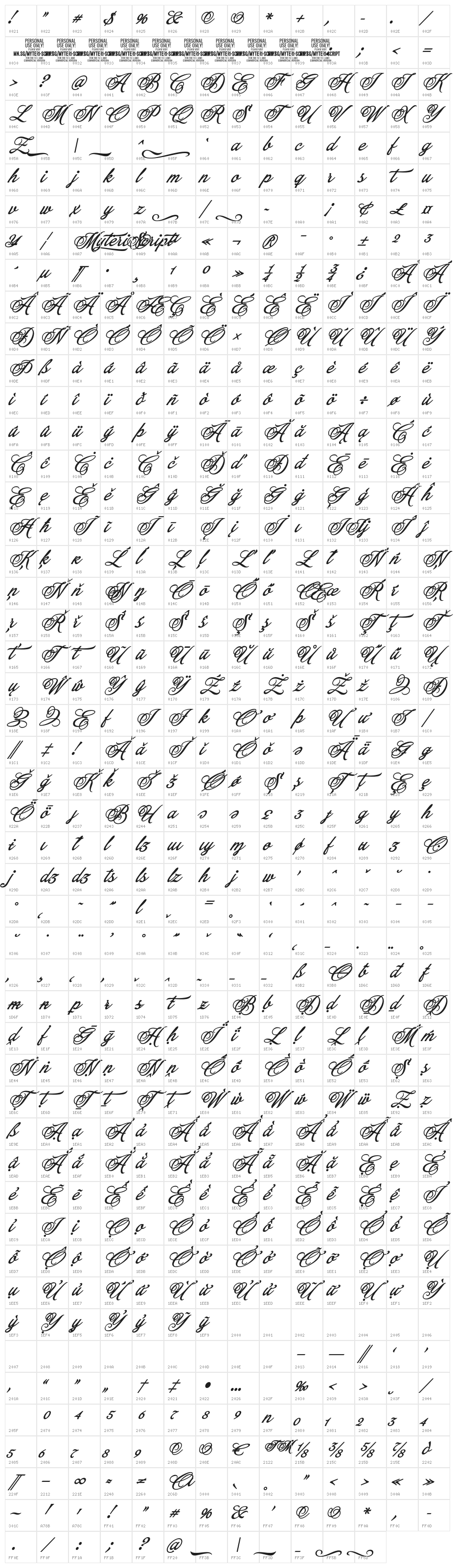 Myteri Script PERSONAL USE ONLY Bold Italic PERSONAL USE ONLY Character Map