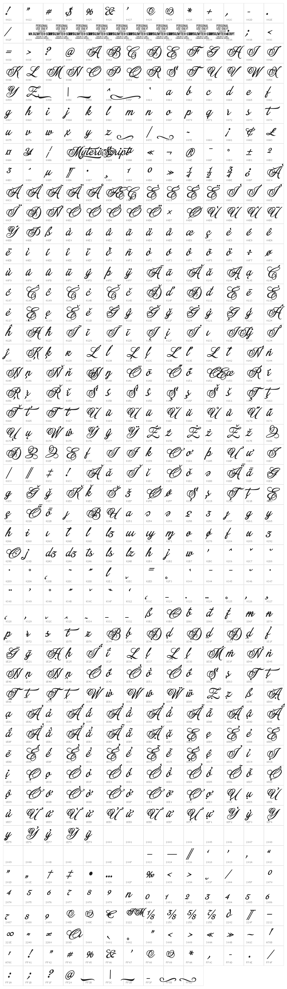Myteri Script PERSONAL USE ONLY Bold PERSONAL USE ONLY Character Map