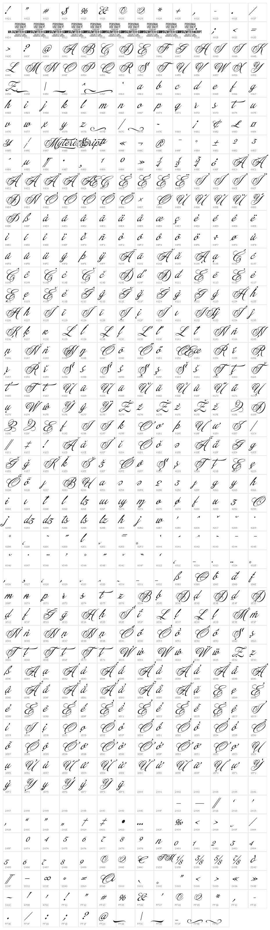 Myteri Script PERSONAL USE ONLY Italic PERSONAL USE ONLY Character Map