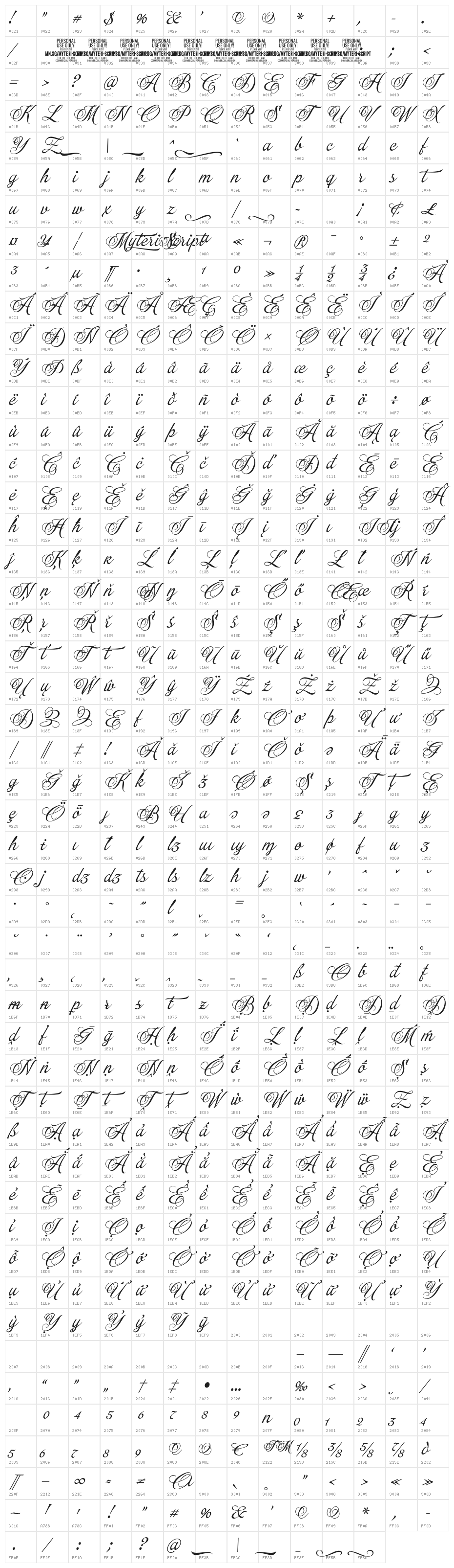 Myteri Script PERSONAL USE ONLY Regular PERSONAL USE ONLY Character Map