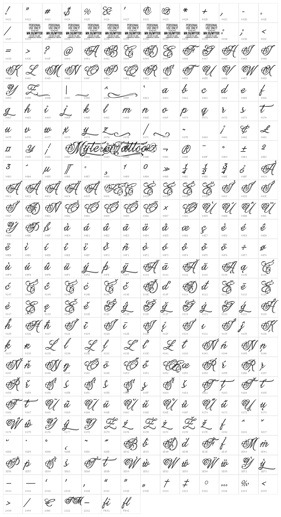 Myteri Tattoo PERSONAL USE ONLY PERSONAL USE ONLY Character Map