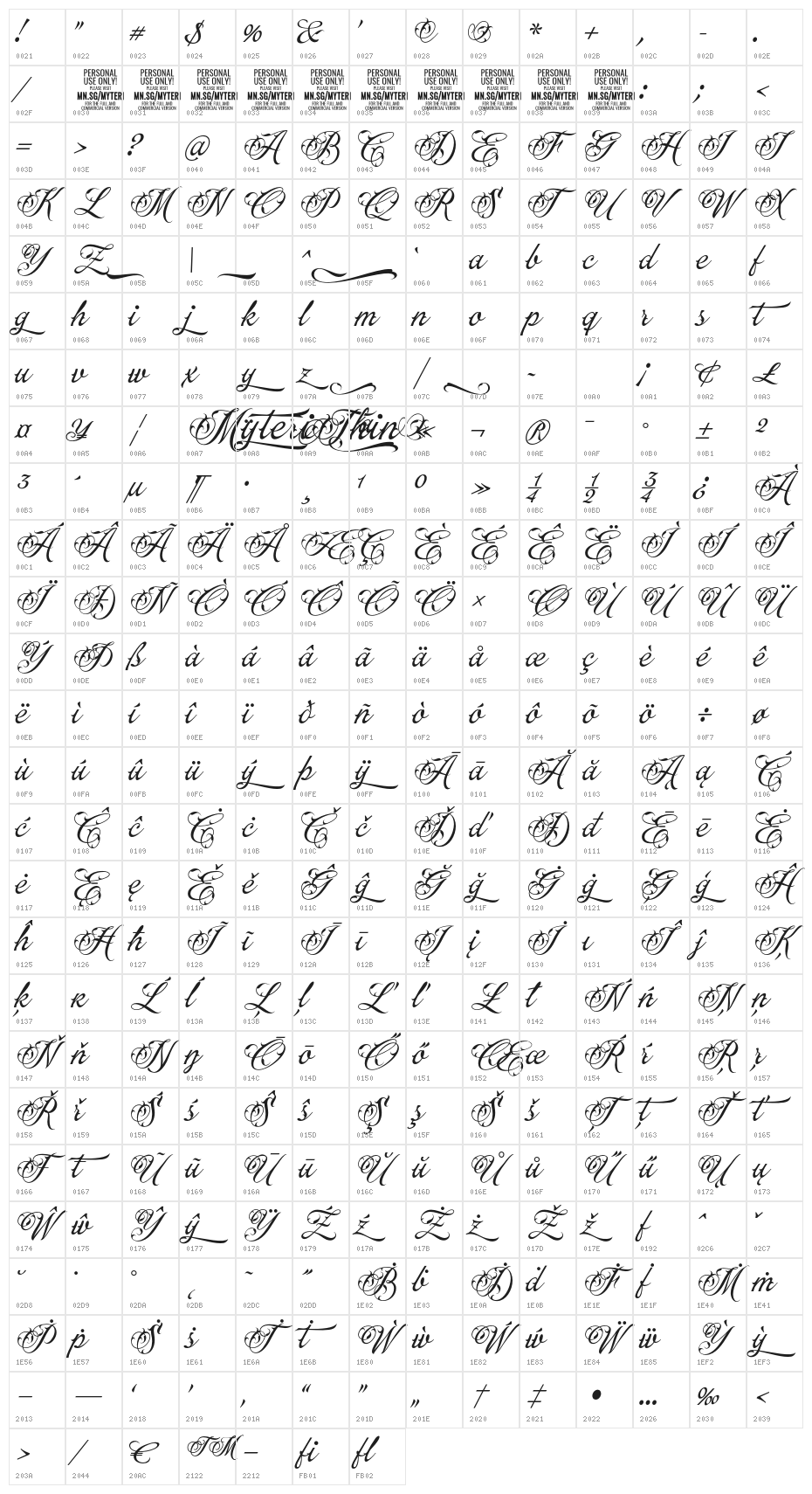 Myteri Thin PERSONAL USE ONLY PERSONAL USE ONLY Character Map