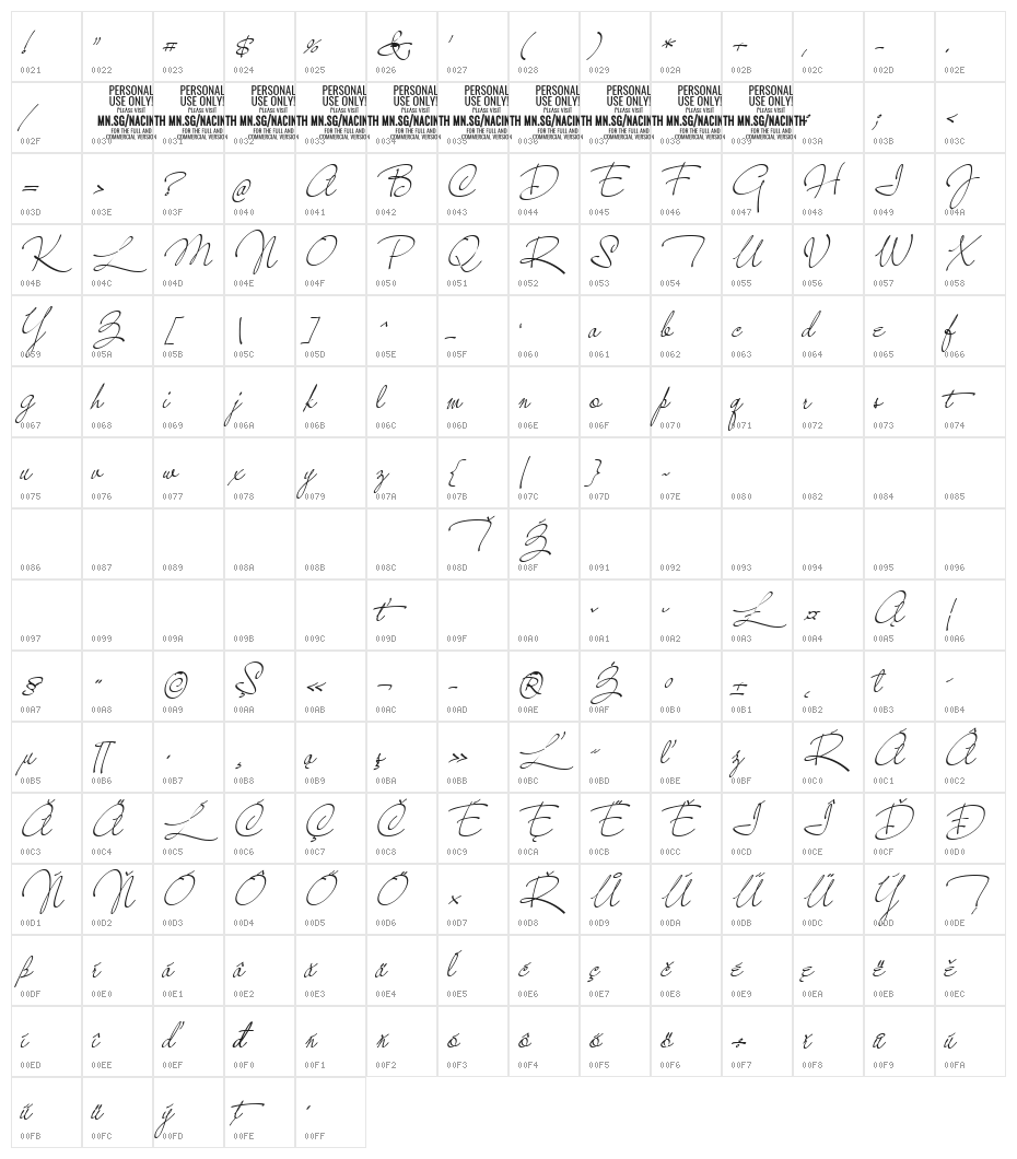 NacinthPERSONALUSEThin Character Map