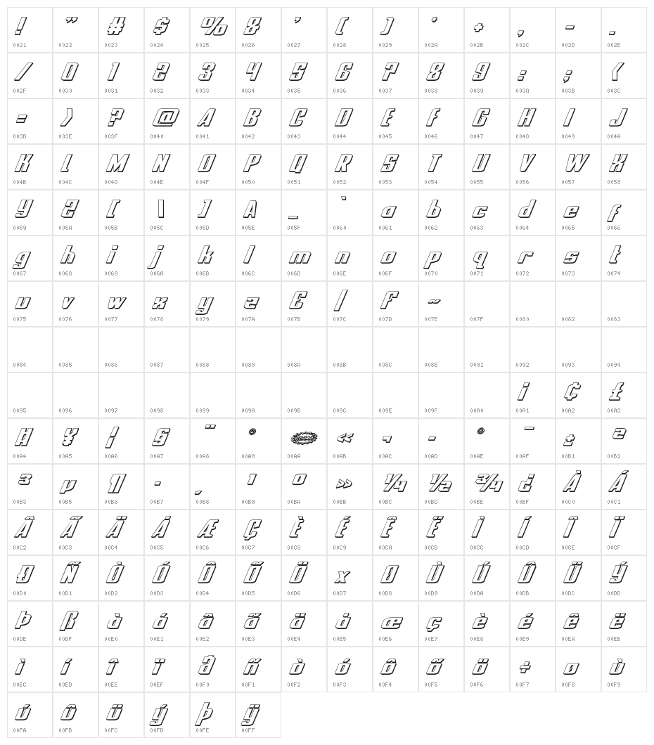 National Express 3D Italic Character Map