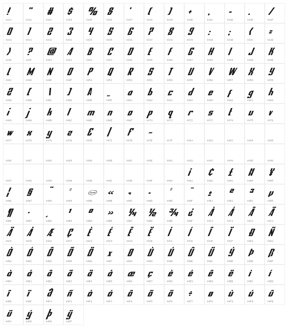 National Express Condensed Italic Character Map