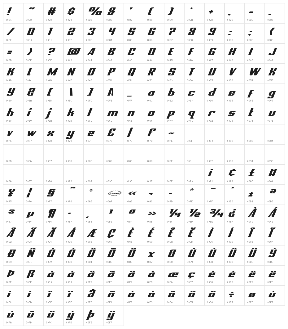 National Express Expanded Italic Character Map