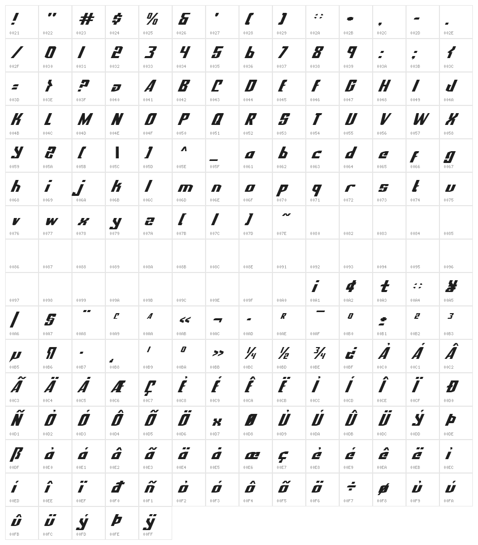 National Express Italic Character Map