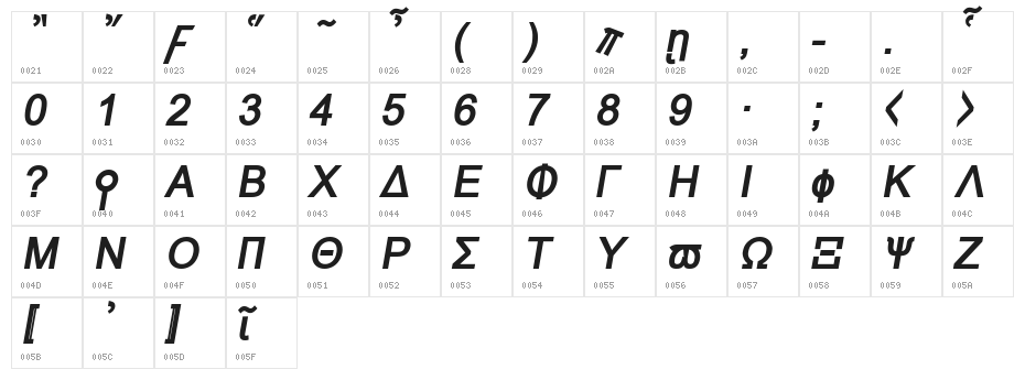 Naxos-BoldItalic Character Map