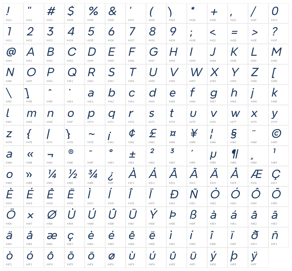 Nevermind Italic Character Map