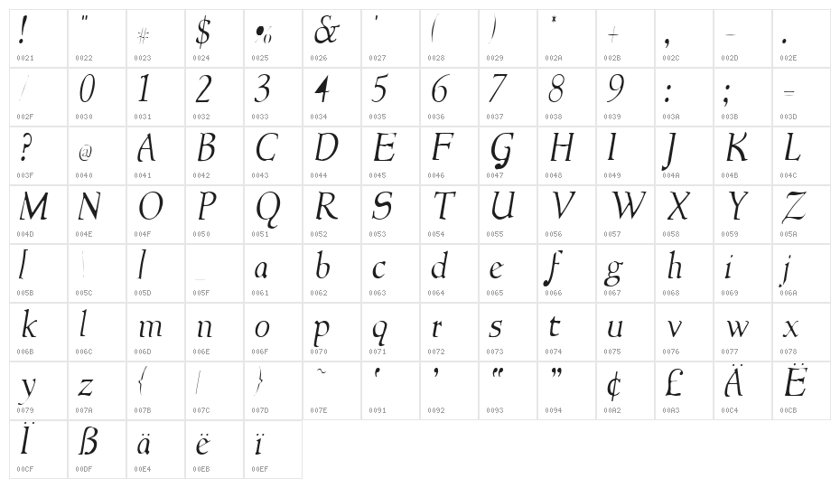 NewStyleLight Italic Character Map