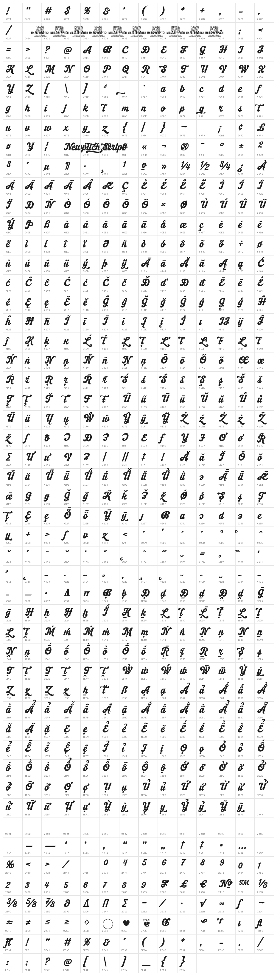 Newpitch Script PERSONAL USE Regular Character Map