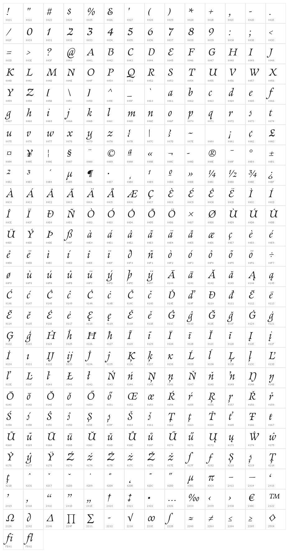 NewtSerif-Italic Character Map