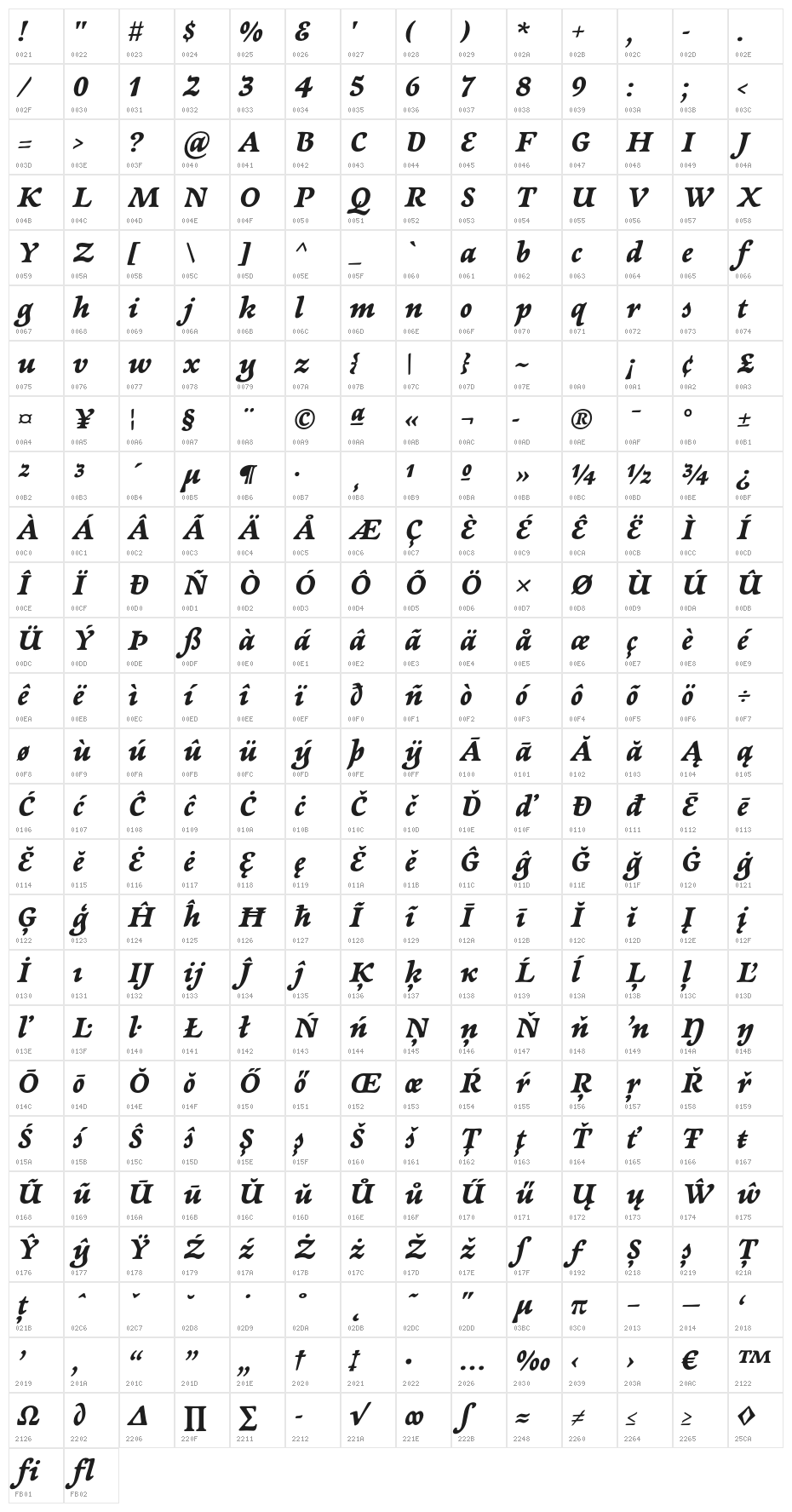 NewtSerifBold-Italic Character Map
