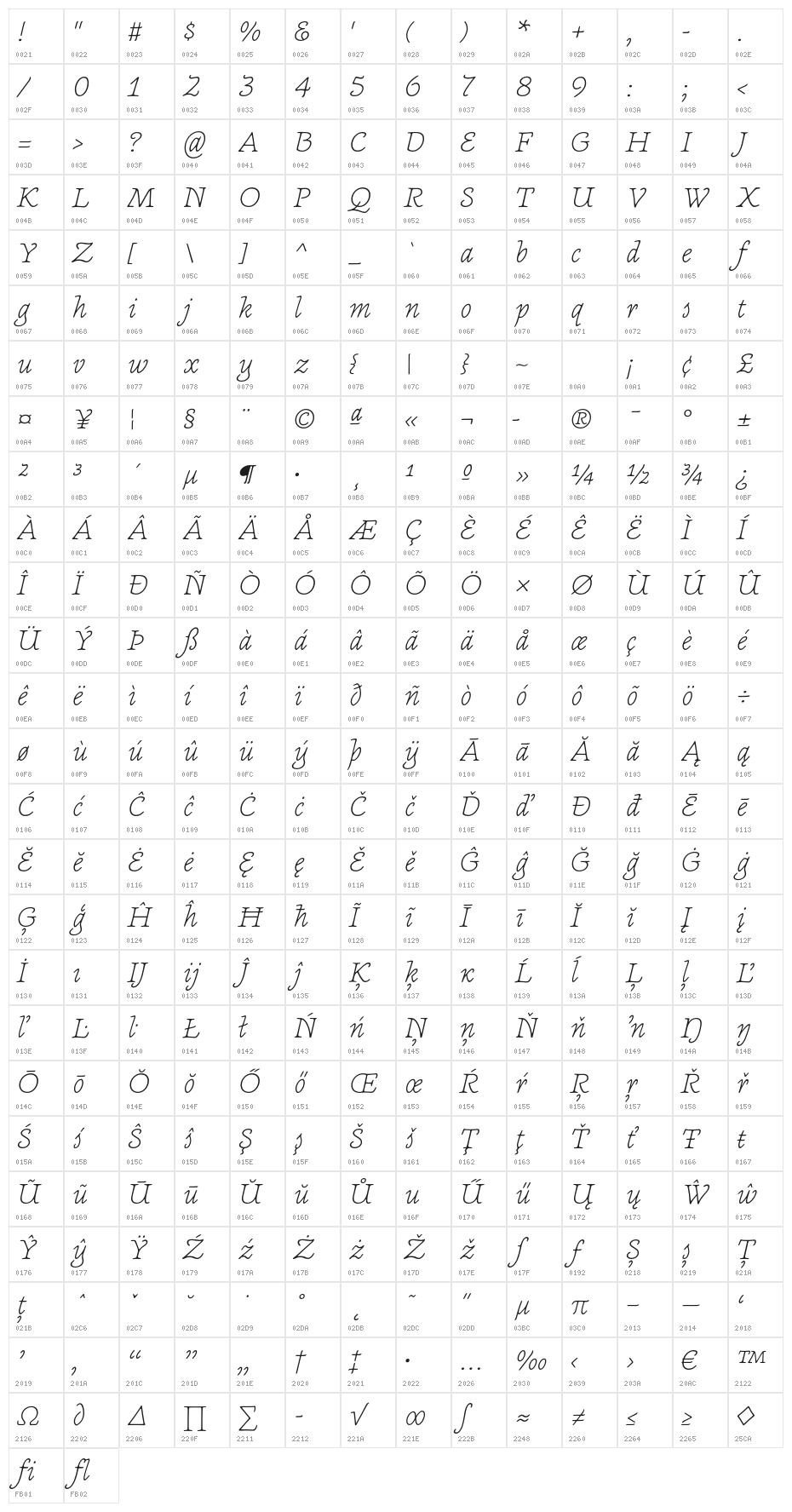 NewtSerifLight-Italic Character Map