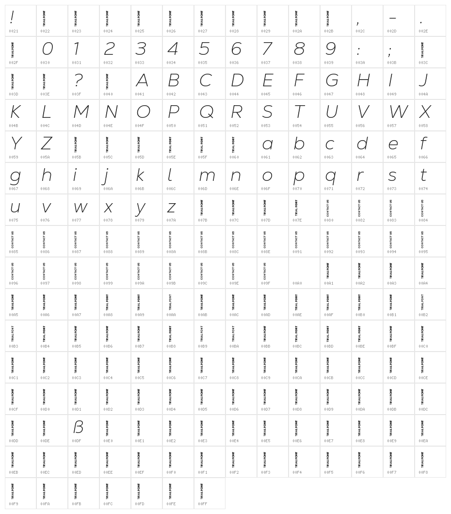 Nexa Text-Trial Extra Light Italic Character Map