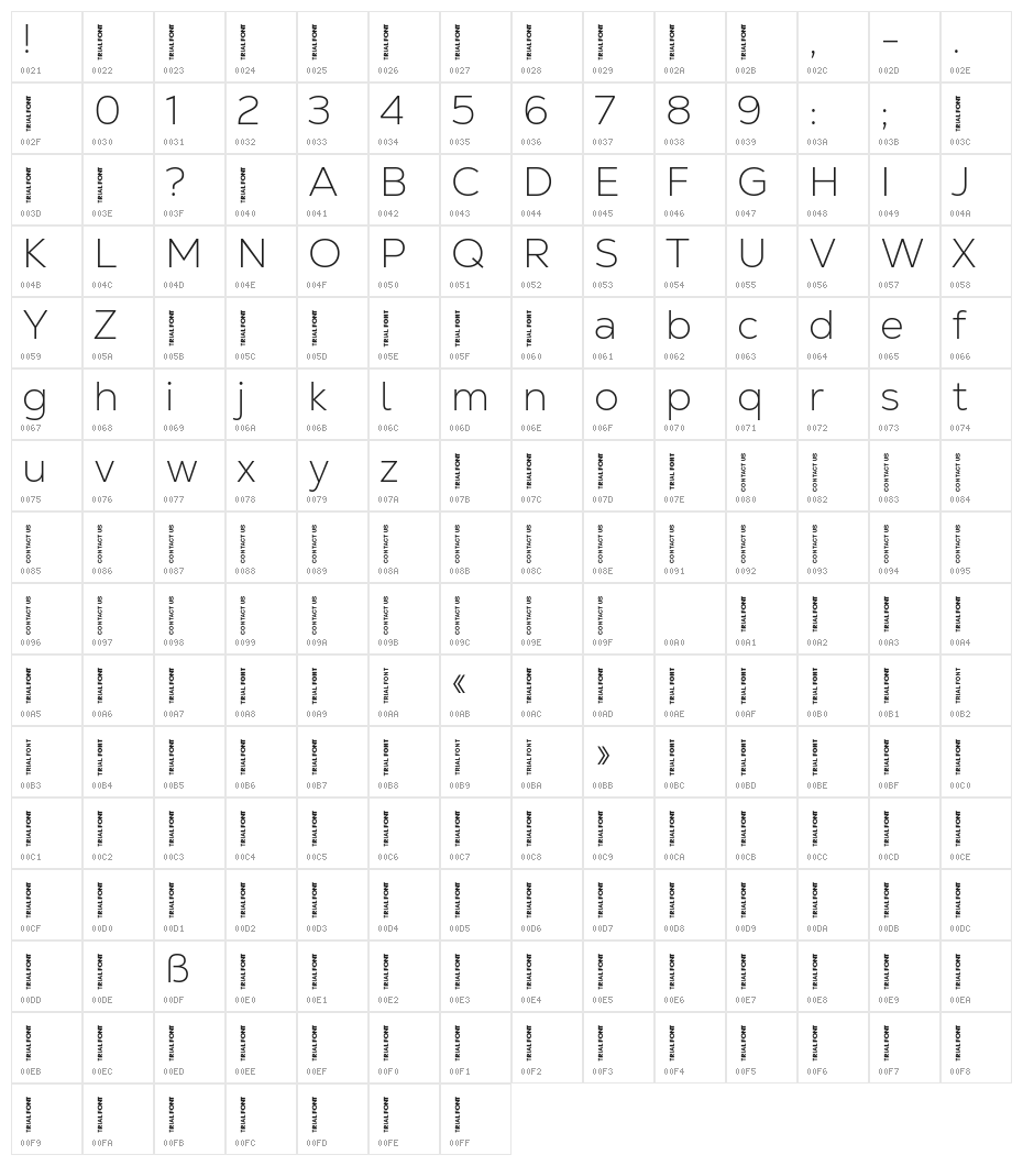 Nexa Text-Trial Extra Light Character Map