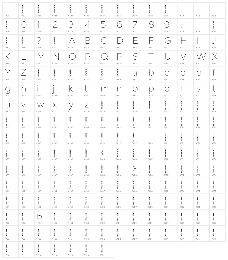 Nexa Text-Trial Thin Character Map
