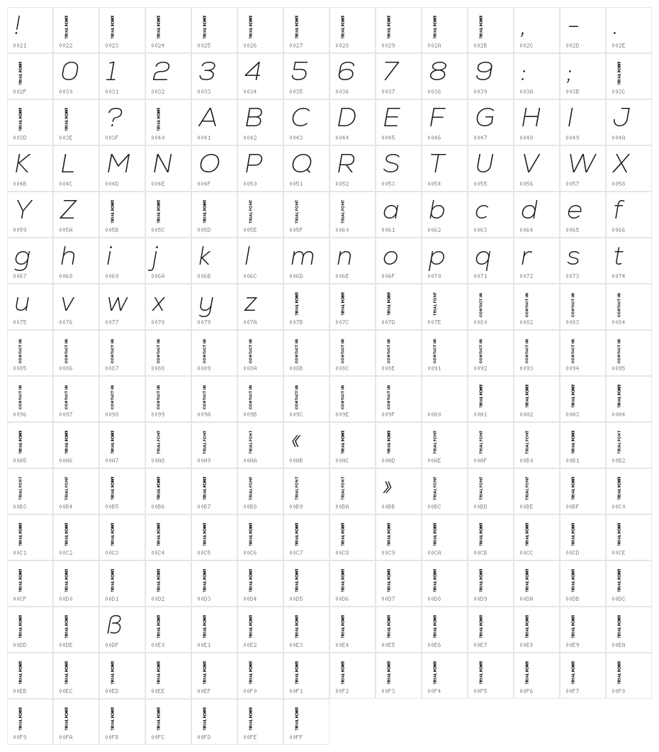 Nexa-Trial Extra Light Italic Character Map