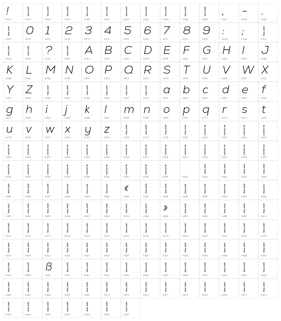 Nexa-Trial Light Italic Character Map