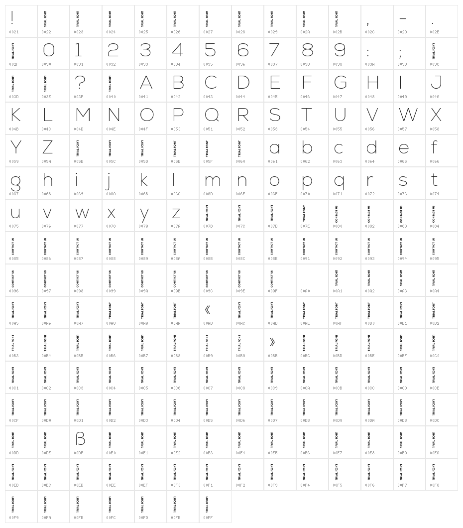 Nexa-Trial Thin Character Map