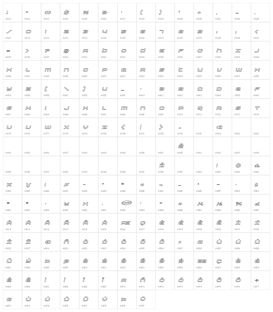 Nextwave Outline Italic Character Map